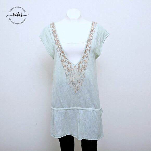 Free People Textured Scoop Neck Short Sleeve Tie Waist Oversized Tunic - Picture 4 of 10